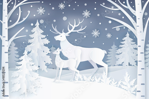 Deer Walking in Winter Forest Vector Illustration © robu_s