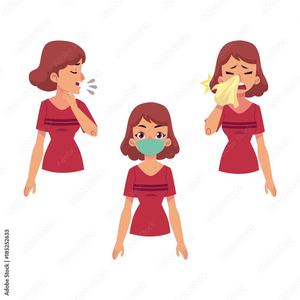 Vector flat young woman with illness set. One girl wearing protection mask,  another suffering from runny nose and cough. Cartoon isolated illustration  on a white background. Illness disease symptoms Stock Vector |