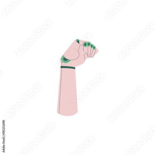 Bionic, artificial arm, upper limb prosthesis, experimental futuristic technology, cartoon vector illustration isolated on white background. Artificial, bionic arm, metal limp prosthesis