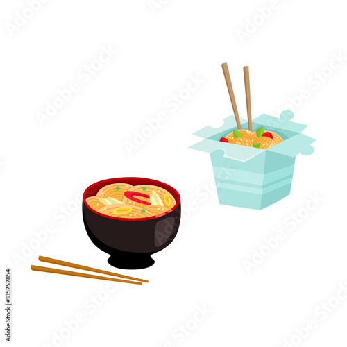 vector flat asian wok udon noodles in paper box, in ceramic pot with bamboo sticks. Stir fry eastern fastfood icon for menu design. Isolated illustration on white background
