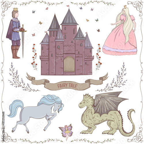 Fairy tale theme. Prince, princess, castle, dragon, fairy, horse. Collection of decorative design elements. Isolated objects. Vintage vector illustration