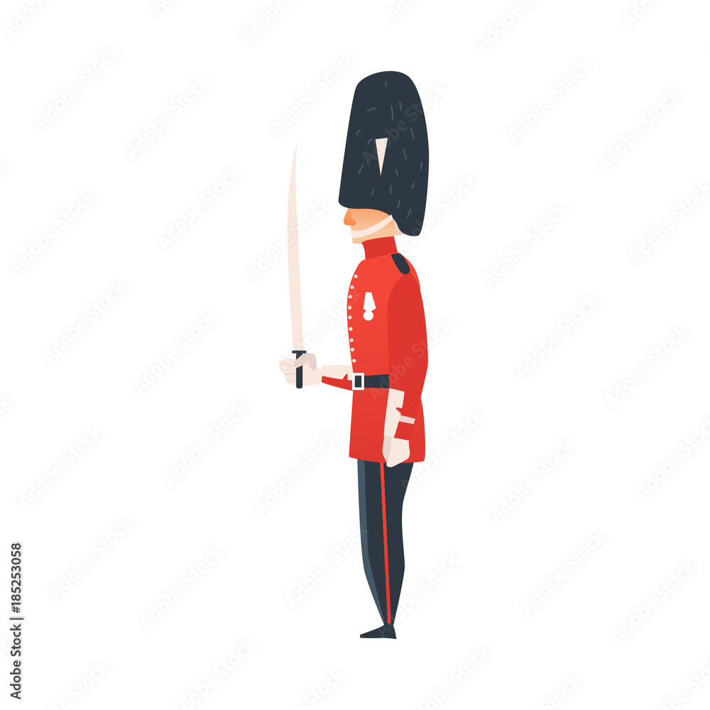 vector cartoon queen guard. Man in traditional english, british UK england  red uniform, soldier holding weapon. Isolated illustration on a white  background. Stock Vector | Adobe Stock