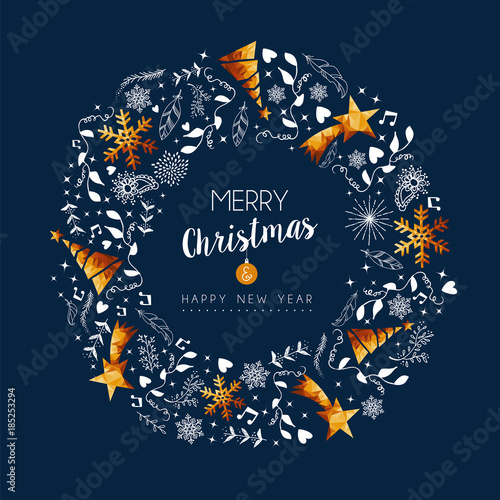 Christmas and new year gold low poly wreath card