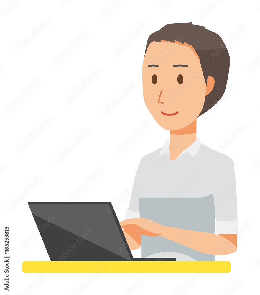 A man wearing a short sleeve shirt is operating a personal computer A man wearing a short sleeve shirt is operating a personal computer
