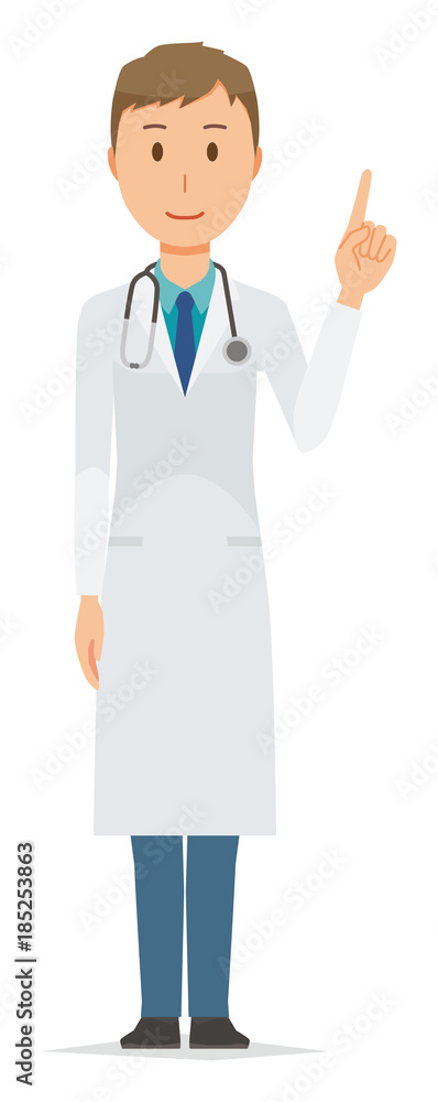 A young male doctor wearing a white suit is pointing A young male doctor wearing a white suit is pointing