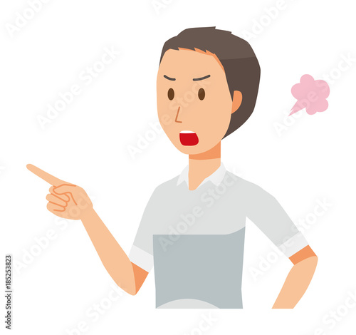 A man in a short sleeve shirt is angrily pointing to a finger