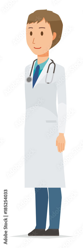 A young male doctor wearing a white suit is standing obliquely A young male doctor wearing a white suit is standing obliquely