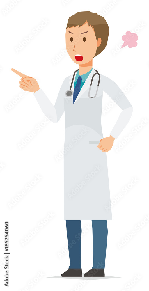 A young male doctor wearing a white suit is angrily pointing to a finger A young male doctor wearing a white suit is angrily pointing to a finger