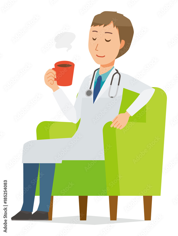 A young male doctor wearing a white suit sits on a sofa and is drinking coffee A young male doctor wearing a white suit sits on a sofa and is drinking coffee