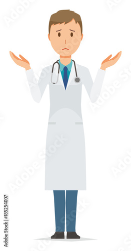 A young male doctor wearing a white suit is shrugging his shoulders