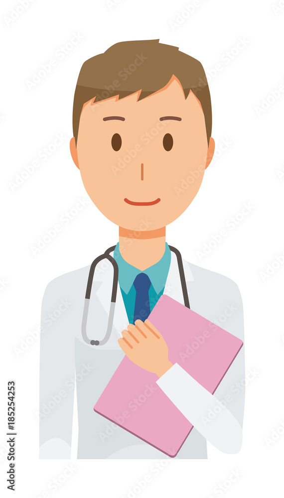 A young male doctor wearing a white suit has a file A young male doctor wearing a white suit has a file
