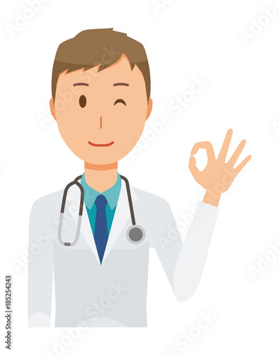 A young male doctor wearing a white suit is playing an okay sign