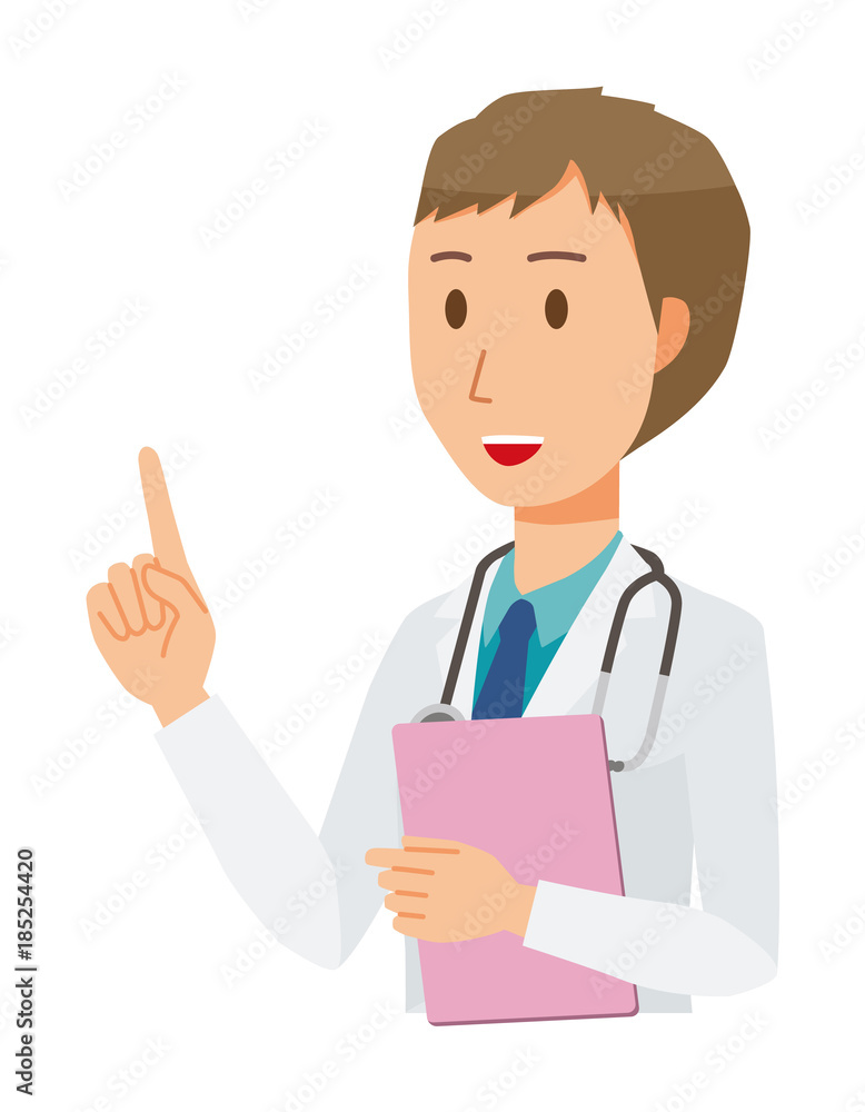A young male doctor wearing a white suit wears a file with a file pointing A young male doctor wearing a white suit wears a file with a file pointing
