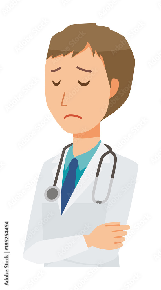 A young male doctor in a white suit is depressed A young male doctor in a white suit is depressed