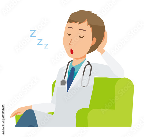 A young male doctor wearing a white coat is sitting on a sofa and being dozing off
