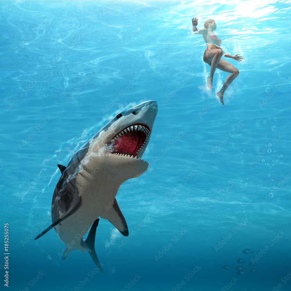 Fototapeta premium Great White Shark Attacks Female Swimmer