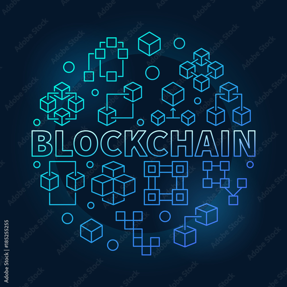 Blockchain round blue vector illustration in thin line style