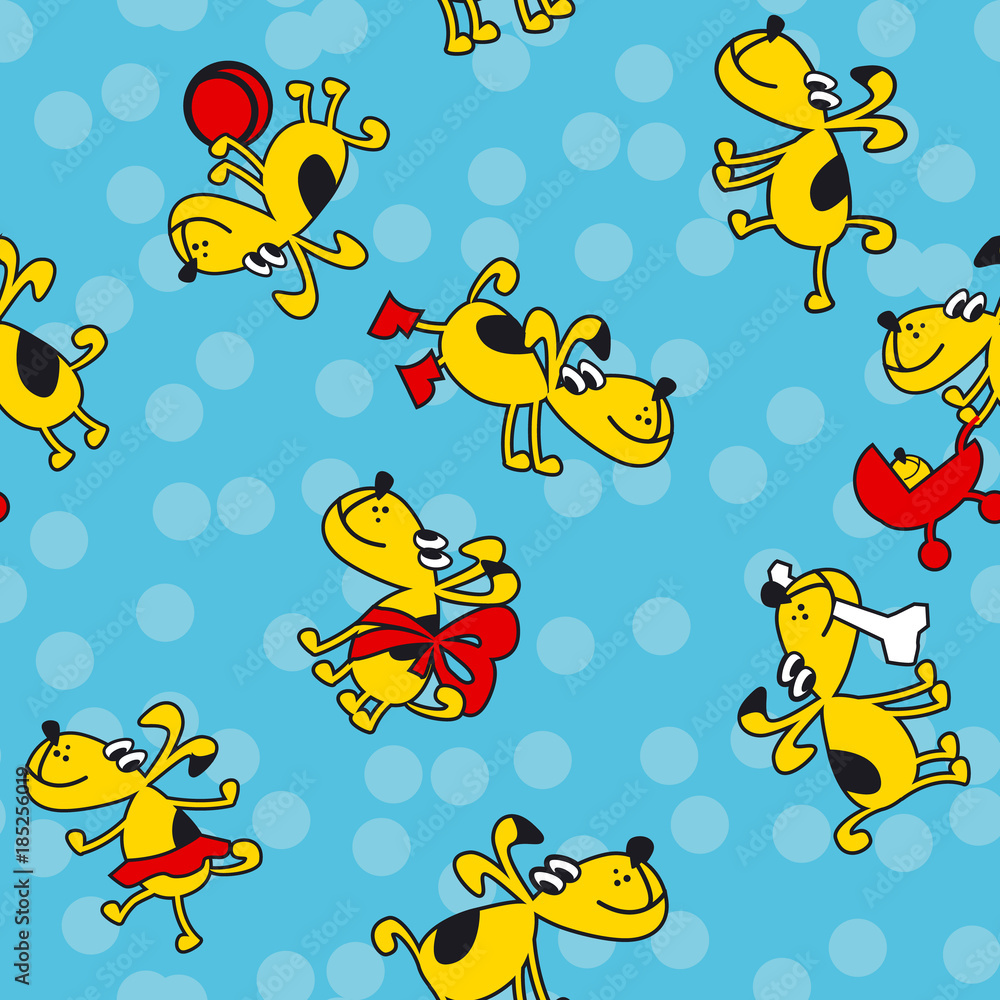 Cute kid style dog pat seamless pattern. Little dog mascot in family situation for surface design, wrapping paper. Cute kid style dog pat seamless pattern. Little dog mascot in family situation for surface design, wrapping paper.