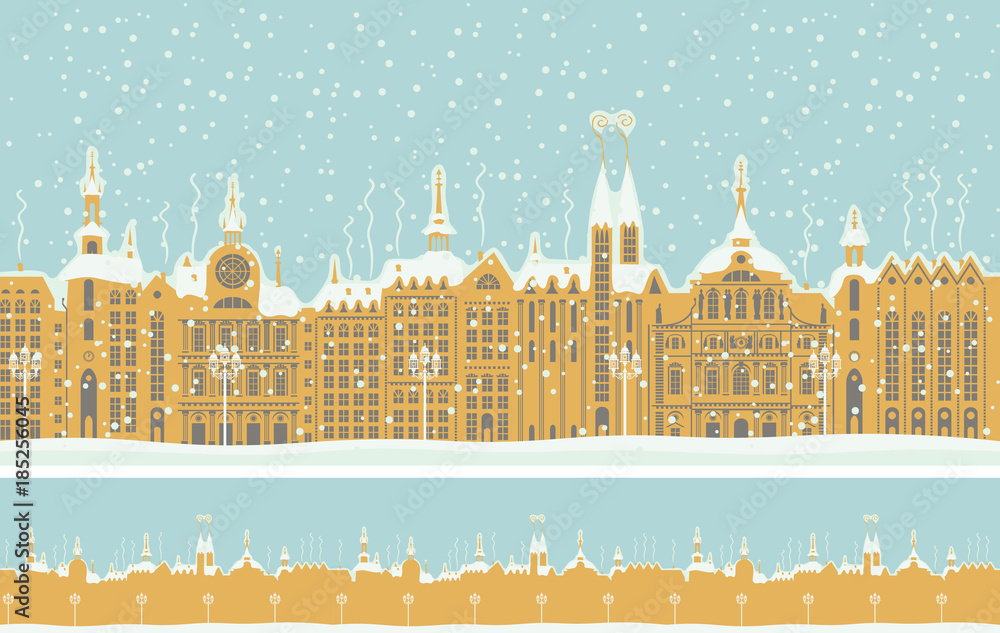 Vector seamless ornament with an old winter town in retro style. Old buildings of European city in winter in the snow