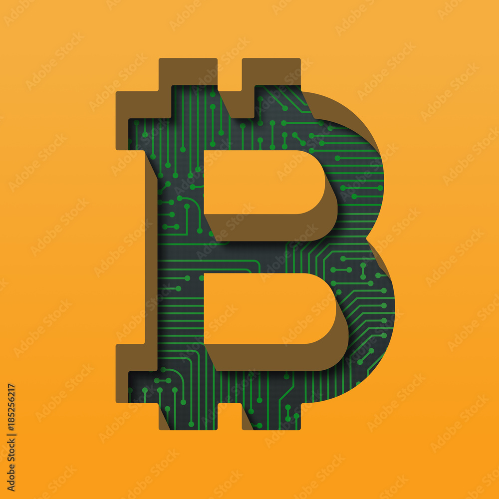 Bitcoin logo with circuit board background and long shadows. 3D illustration Bitcoin logo with circuit board background and long shadows. 3D illustration