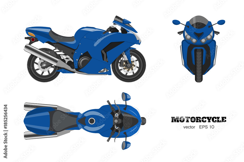 Naklejka premium Niebieski motocykl w realistycznym stylu. Widok z boku, z góry i z przodu. Szczegółowy obraz roweru na białym tle