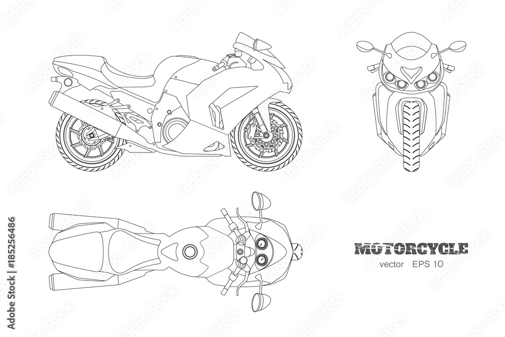 Obraz premium Zarys rysunku motocykla. Widok z boku, z góry i z przodu. Szczegółowy projekt pojedyncze motocykl na białym tle