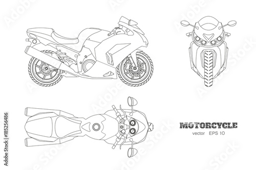 Outline drawing of motorcycle. Side, top and front view. Detailed isolated blueprint of motorbike on white background