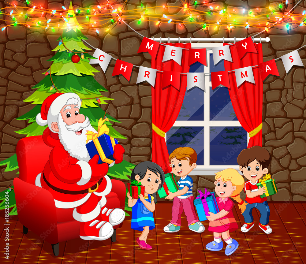 santa claus with christmas tree and cute kid
