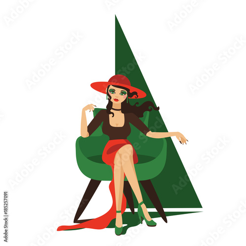 Beautiful girl sitting in chair. Hat and ling dress, relaxed pose. Lovely character, isolated on white