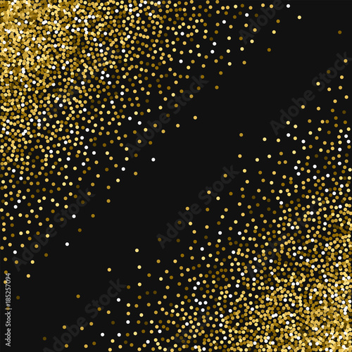Round gold glitter. Abstract chaotic scatter with round gold glitter on black background. Lovely Vector illustration.