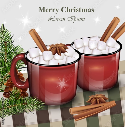 Hot drink with marshmallow red cups. Vector realistic illustrations