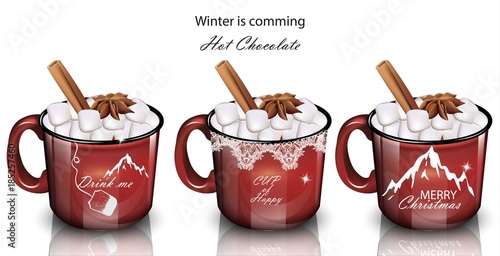 Winter drinks with marshmallow. Red mugs Vector realistic illustration