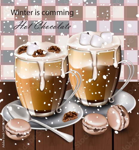 Hot chocolate beverage in glasses Vector. Winter drinks menu retro backgrounds