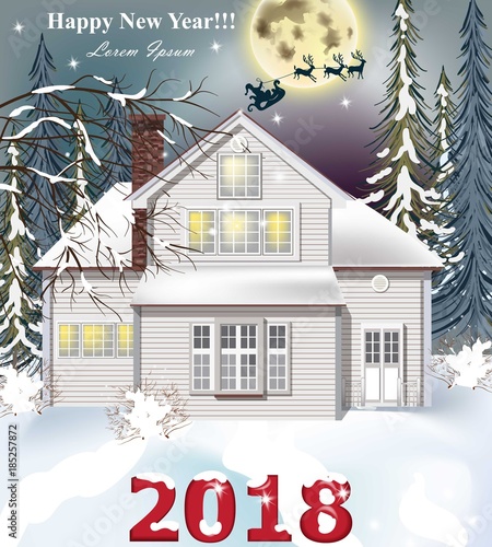 2018 card White house. Winter snowy background Vector realistic illustrations