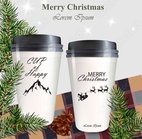 Coffee cups to go Vector. Realistic mock up winter backgrounds