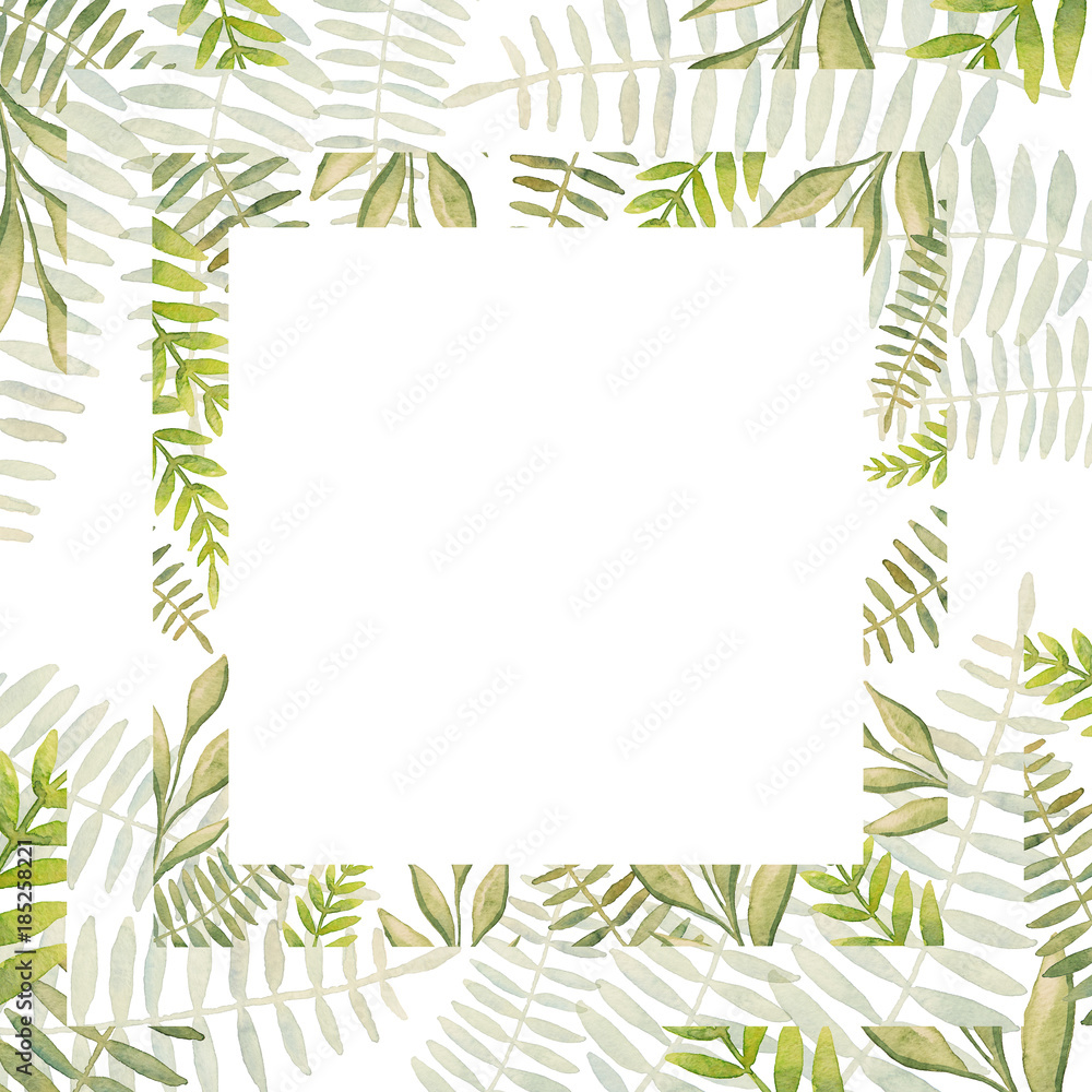 Fototapeta premium Beautiful abstract green leaves painted with watercolor make up a square decorative frame with white background