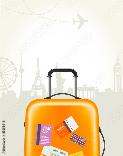 Travel agency poster with plastic suitcase and european landmarks - tourism poster