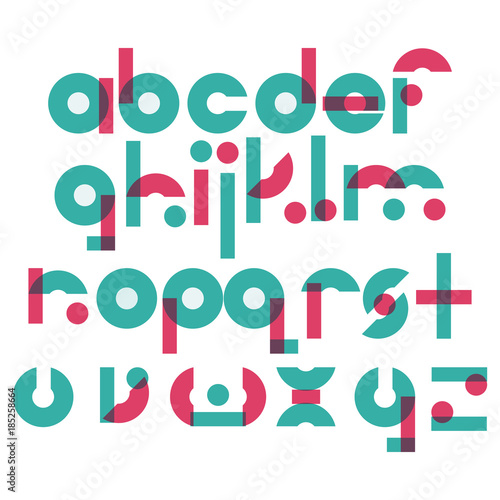 Vector abc letters sequence from A to Z in geometric style. Blue and pink elements based on circle and rectangle shapes. Lowercase english font.