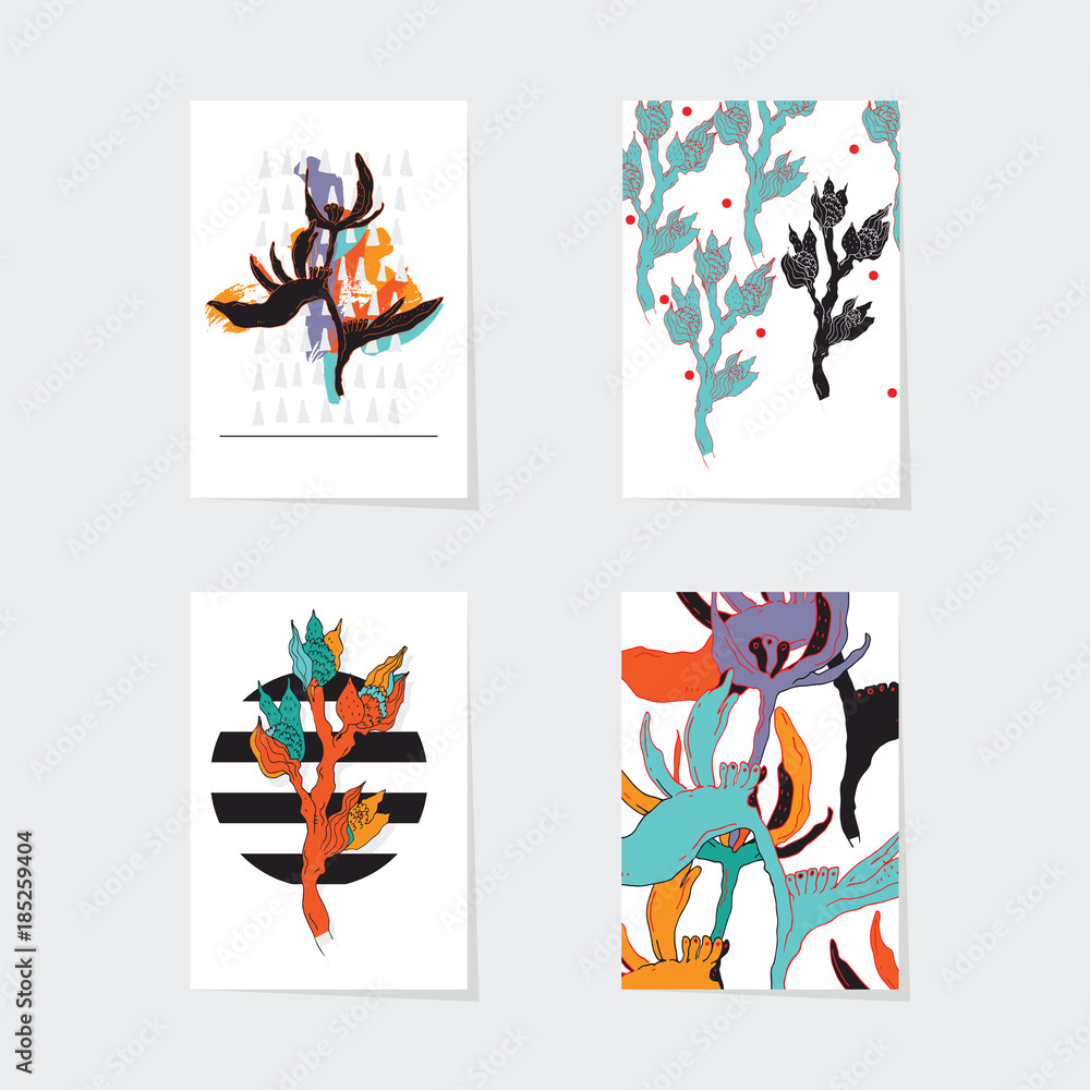 Vector set with bright vertical flower cards drawn in imperfect style, isolated. Heliconia and wild tropical branches with contrast colors design.