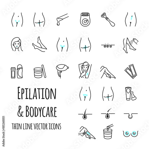 Epilation and bodycare thin line icons set