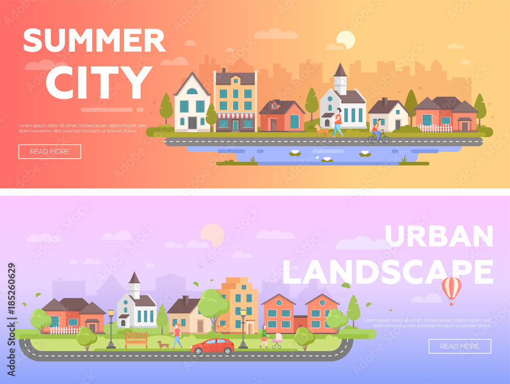 Summer city, urban landscape - set of modern flat vector illustrations