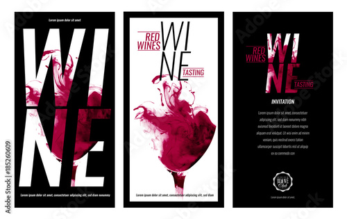 Templates for promotions or presentations of wine events. Illustration with liquid effect. Stains of red wine.