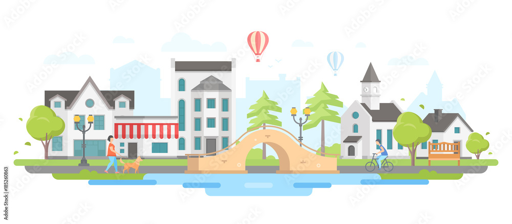 Cityscape with a bridge - modern flat design style vector illustration