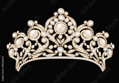 Illustration of a female wedding diadem, crown, tiara gold with precious stones and pearls on a black background photo