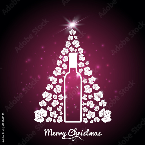 Christmas greeting idea for wine business. Illustration of Christmas tree with vine leaves and wine bottle.