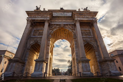 Historical marble arch Arco della Pace, Sempione square, Milan, Lombardy, Italy