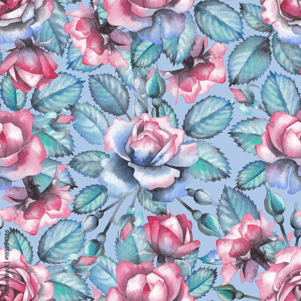 Watercolor pattern with rose leaves and flowers