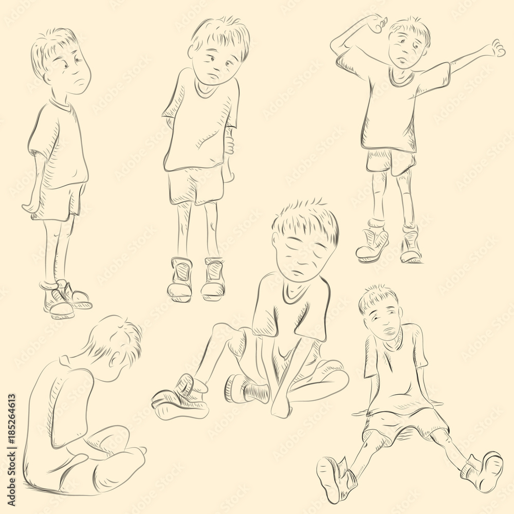 Fototapeta sketch teen boy in various poses and emotions