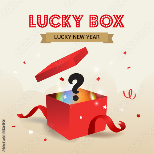New Year Lucky Box vector illustration, Surprise red gift box