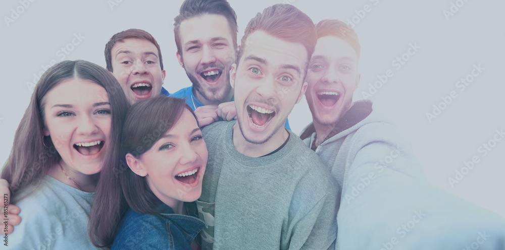 Group of happy young teenager students taking selfie photo isolated on white background Group of happy young teenager students taking selfie photo isolated on white background